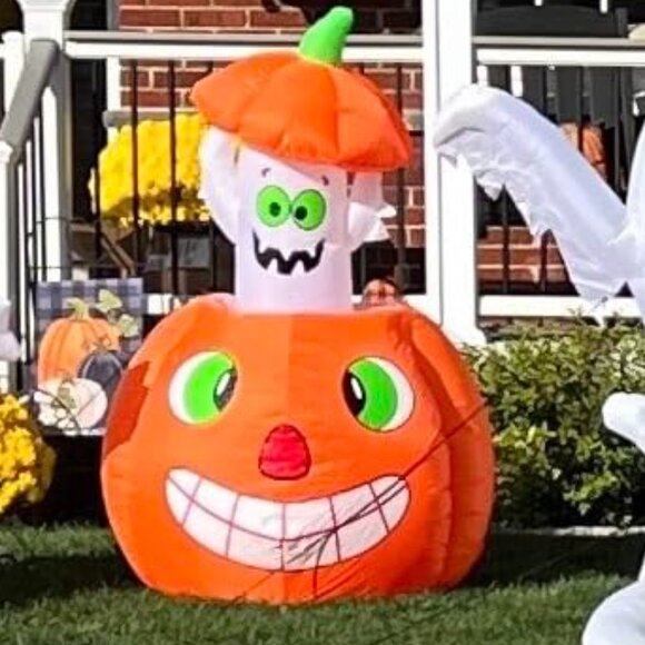 5FT 0range  Pumpkin Ghost Halloween Blow Up Inflatable Decoration with LED Light - Picture 1 of 10